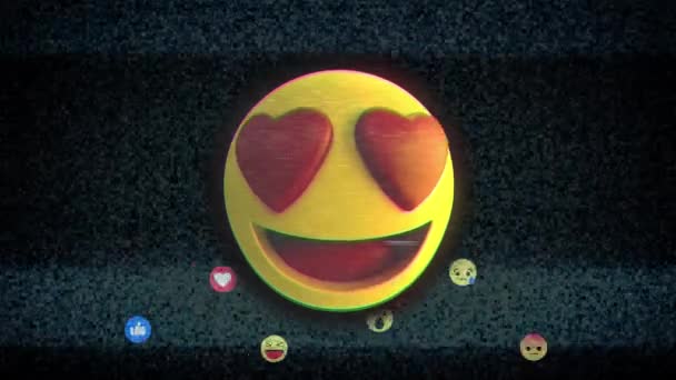 Animation d'une icône emoji numérique jaune sur des icônes emoji numériques flottantes sur le fond sombre. Social networking global connections concept image générée numériquement.