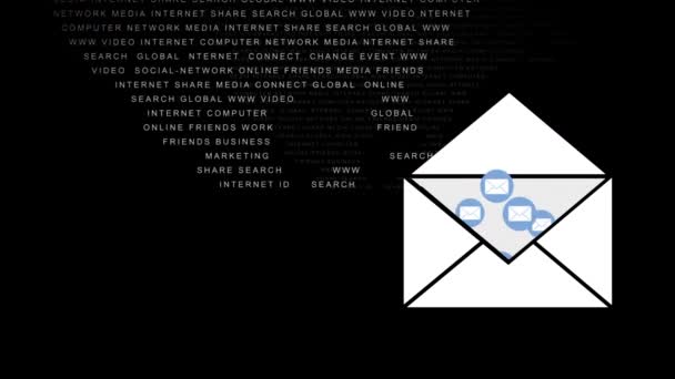 黒い背景のテキストの世界地図上の封筒の浮遊デジタルアイコンのアニメーション ソーシャルネットワークのグローバル接続の概念デジタル生成画像 — ストック動画