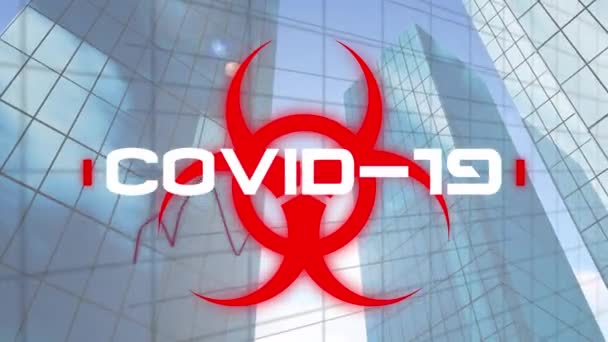 Animation Red Biological Hazard Icon White Word Covid View Skyscrapers — Stock Video