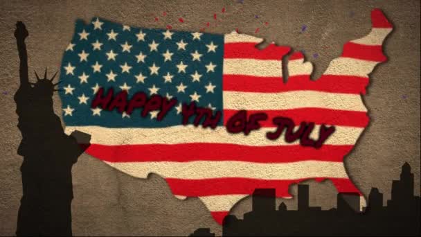 美国独立日的动画文本是以美国国旗和自由女神像为背景制作的 美利坚合众国国旗和假日概念数字构图 — 图库视频影像