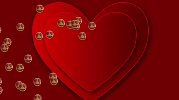 Animation Flytande Digitala Emoji Ikoner Över Rött Hjärta Den Röda — Stockvideo