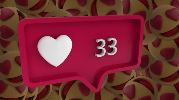 Animation des Herzens und steigende Zahlen über digitale Emoji-Symbole auf schwarzem Hintergrund. Soziale Netzwerke globale Verbindungen Konzept digital generierte Bild.