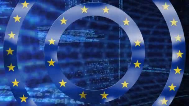 在数据处理和隧道上 用欧洲联盟旗帜制作的移动圆环动画 欧洲联盟旗帜和假日概念数字组成 — 图库视频影像