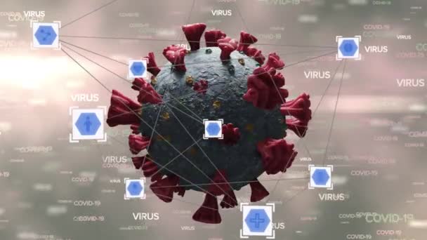 Animação Texto Covid Sobre Macro Células Covid Flutuando Ícones Flutuando — Vídeo de Stock