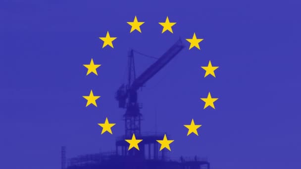 Animation Europeiska Unionens Flagga Med Rörliga Stjärnor Över Arbetande Kranar — Stockvideo