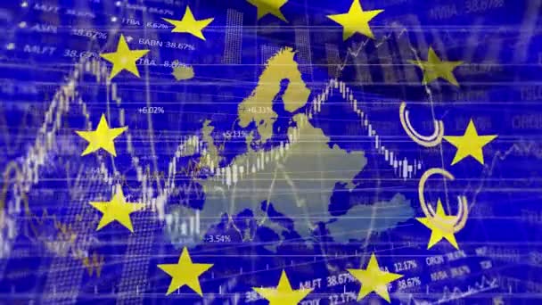 欧州連合の旗の上のデータ処理と図のアニメーションは ヨーロッパの周りの星と手を振る 欧州連合の旗と休日のコンセプトデジタル組成 — ストック動画