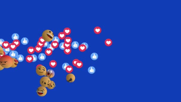 Mavi Arka Planda Birden Fazla Yüzen Dijital Emoji Simgelerinin Animasyonu — Stok video