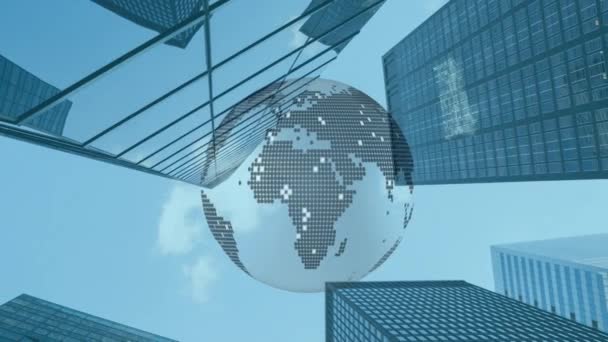 Animation d'icônes flottant avec toile de connexions et globe tournant sur le paysage urbain. Concept global de réseau et de connexion image générée numériquement.