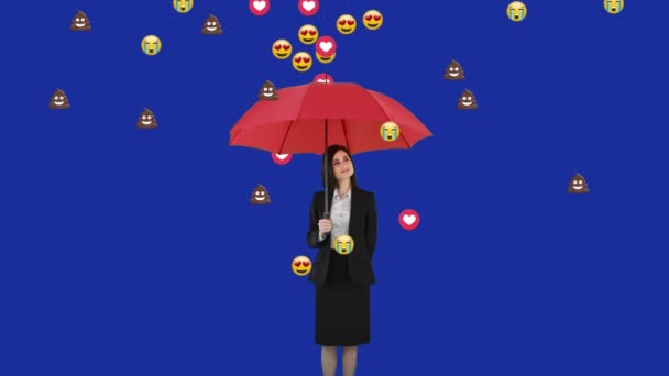 Animatie Van Vallende Digitale Emoji Iconen Blanke Vrouw Met Paraplu — Stockvideo