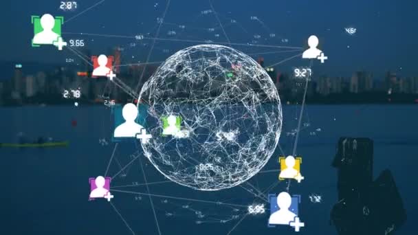 Animation Web Connections Social Icons Floating Spinning Globe Cityscape Background — Stock Video