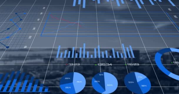Animation Der Finanzdatenverarbeitung Und Statistischen Erfassung Über Gitter Und Stadtbild — Stockvideo