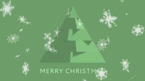 メリークリスマスのアニメーションクリスマスツリーの移動と緑の背景に落ちる雪のフレークと新年のテキスト — ストック動画