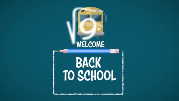 浮动数学方程在文字上的动画欢迎带着校车和铅笔回到学校 数字在线安全计算机接口概念数字生成 — 图库视频影像
