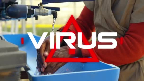 Animasi Ikon Perhatian Merah Dengan Kata Putih Virus Dengan Pemandangan — Stok Video