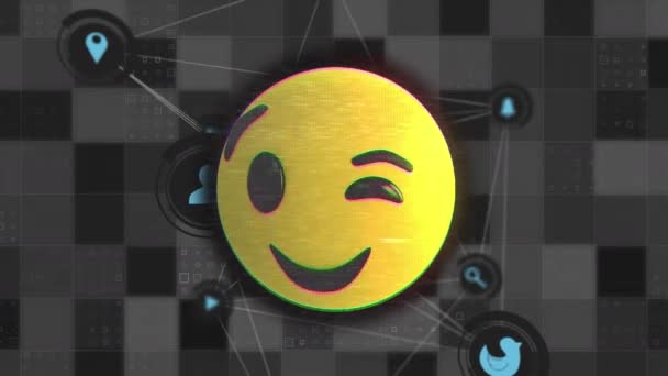 Animation Digital Emoji Icon Icons Floating Web Connections Dark Background — Stock Video