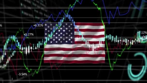 Animación Procesamiento Datos Diagramas Flotantes Sobre Ondear Bandera Bandera Los — Vídeo de stock