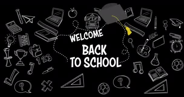 Анимация Слов Добро Пожаловать Школу Написанных Белыми Буквами Падающими Шляпами — стоковое видео