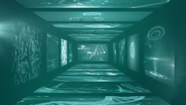 Animation du traitement des données médicales, brin d'ADN transformant le cerveau et le corps humain sur des écrans numériques. Recherche en médecine concept de science image générée numériquement.