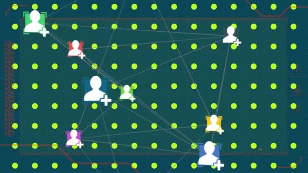 Animation Web Connections Social Icons Floating Multiple Yellow Dots Blue — Stock Video