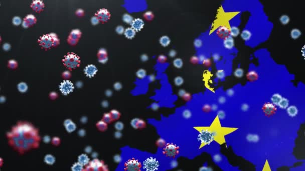 Animación Células Coronavirus Flotantes Sobre Europa Hechas Bandera Unión Europea — Vídeo de stock