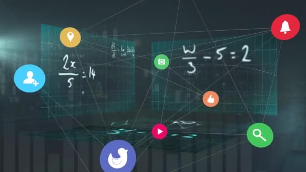 Animazione Icone Fluttuanti Con Ragnatela Connessioni Equazioni Matematiche Concetto Interfaccia — Video Stock