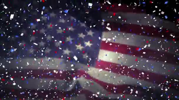 在黑色背景上飘扬着的美国国旗上飘扬着意大利面的动画 美利坚合众国国旗和假日概念数字构图 — 图库视频影像