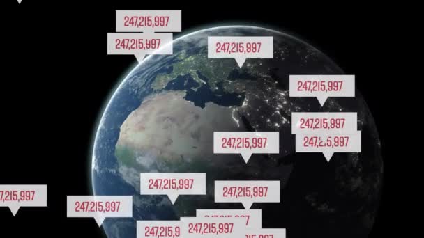 Animatie Van Drijvende Wolken Met Groeiende Aantallen Draaiende Wereldbol Met — Stockvideo
