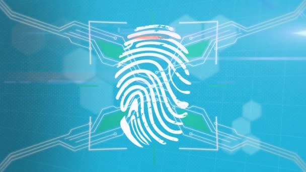 データ処理と青の背景に記録と指紋を読み取る生体認証モニタのアニメーション グローバル生体認証デジタルセキュリティとアイデンティティコンセプトデジタル生成された画像 — ストック動画