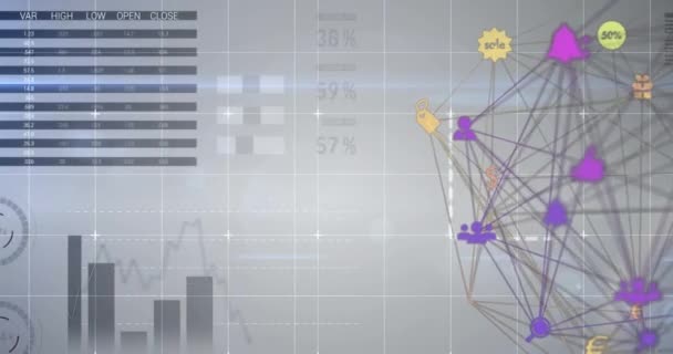 Animação Web Conexões Com Ícones Sociais Coloridos Sobre Gráficos Estatísticas — Vídeo de Stock