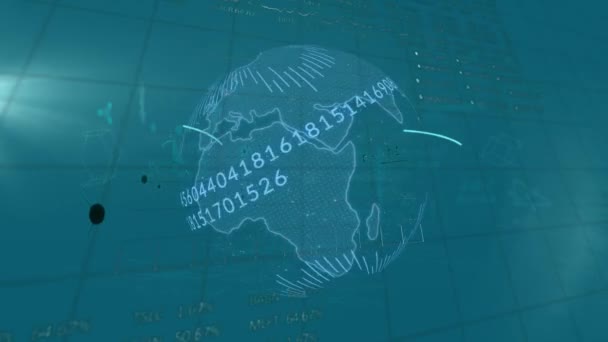 Animation du traitement des données, des diagrammes flottants et des formes sur le globe tournant. Concept d'interface numérique d'ordinateur de sécurité en ligne généré numériquement.