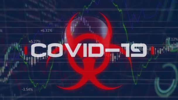 Animación Icono Peligro Biológico Rojo Con Palabra Blanca Covid Sobre — Vídeo de stock