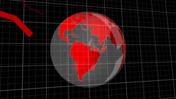 財務データ処理と統計記録のアニメーション地球が回転し 背景に赤い線が下降します グローバルビジネスと財務の概念デジタルで生成されたイメージ — ストック動画