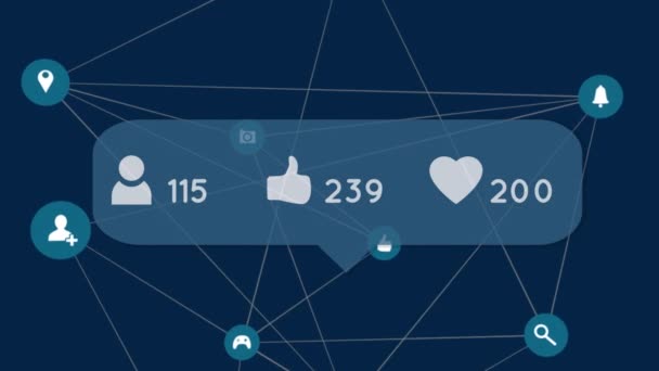 Animation Thumb Heart Increasing Numbers Icons Floating Web Connections Social — Stock Video