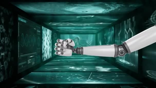 Animering Medicinsk Databehandling Dna Strängar Roterande Och Robot Hand Visar — Stockvideo