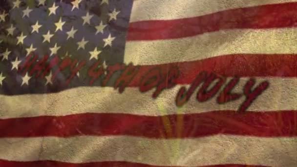 アメリカ国旗のアニメーションは独立記念日のテキストで手を振る 米国の国旗と休日のコンセプトデジタル組成物 — ストック動画