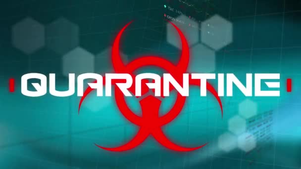 Animation Red Biological Hazard Icon White Word Quarantine Blue Background — Stock Video