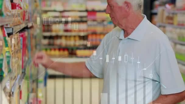 在杂货店用购物车和财务数据处理来激励白人老年人购物 全球金融和购物概念数字组合 — 图库视频影像