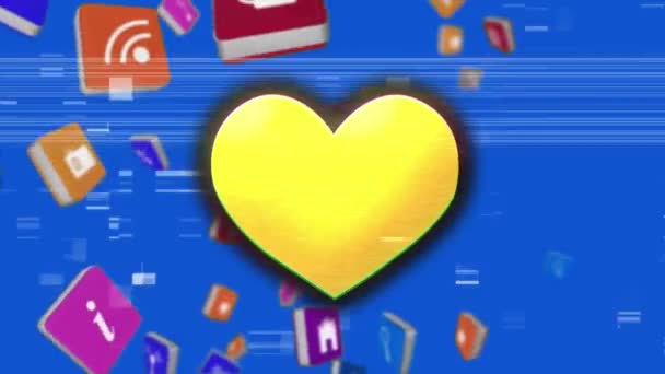Animace Digitální Emoji Ikony Srdce Přes Padající Ikony Modrém Pozadí — Stock video