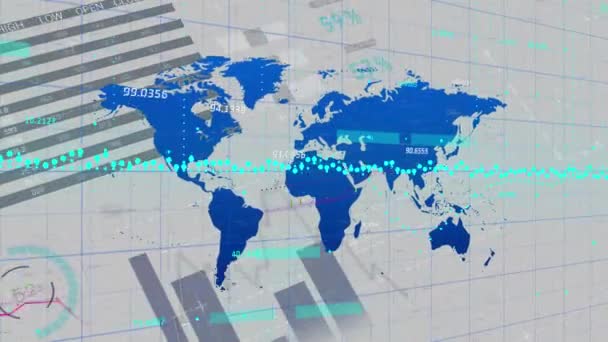 在世界地图上进行数据处理和浮动图的动画制作 数字在线安全计算机接口概念数字生成 — 图库视频影像
