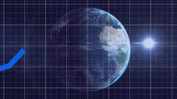Animation Der Finanzdatenverarbeitung Mit Globusdrehung Und Drei Blauen Linien Hintergrund — Stockvideo