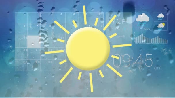 Animación Pictograma Sol Cubierto Nubes Lloviendo Nevando Sobre Datos Meteorológicos — Vídeos de Stock