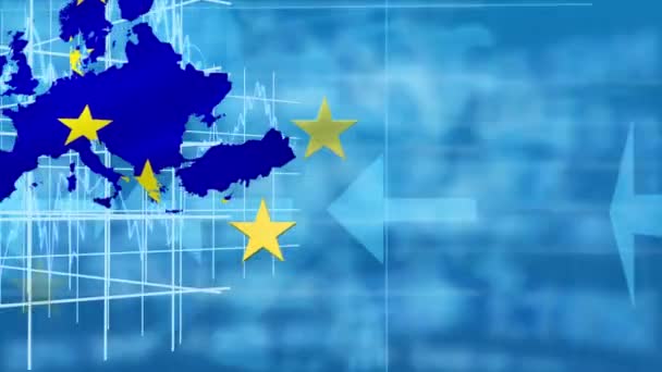 欧洲的动漫是由欧洲联盟的旗帜挥动 星辰四处飘扬 背景图和箭头组成的 欧洲联盟旗帜和假日概念数字组成 — 图库视频影像