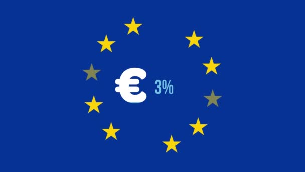 动画的欧元符号和提高百分比的欧盟旗帜与移动的明星 欧洲联盟旗帜和假日概念数字组成 — 图库视频影像