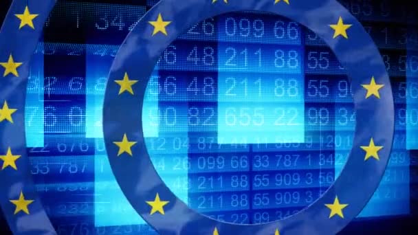 Animation Rörliga Cirklar Europeiska Unionens Flagga Viftar Över Växlande Siffror — Stockvideo