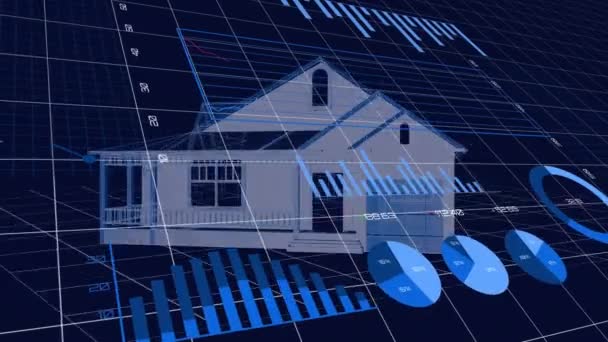 Animation Der Finanzdatenverarbeitung Und Statistikaufzeichnung Mit Architekturhausmodell Das Sich Hintergrund — Stockvideo