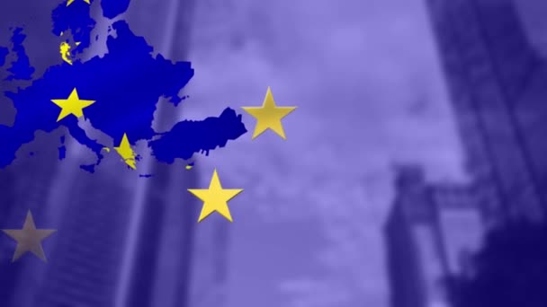 Анімація Мапи Європи Прапора Європейського Союзу Розмахує Зірками Навколо Міста — стокове відео