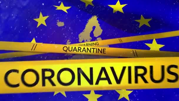 用黄色警戒线向欧洲上空飘扬的欧盟旗帜发出警告 警告检疫科罗纳韦尔斯 — 图库视频影像