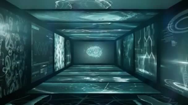 Animation du traitement des données médicales, brins d'ADN et cerveau humain allumant les écrans numériques. Recherche en médecine concept de science image générée numériquement.