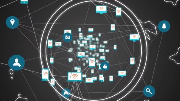 Анимация Иконок Плавающих Паутиной Соединений Темном Фоне Глобальная Концепция Сетей — стоковое видео