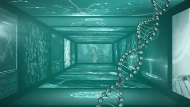 Animatie Van Medische Gegevensverwerking Menselijk Lichaam Dna Streng Digitale Schermen — Stockvideo